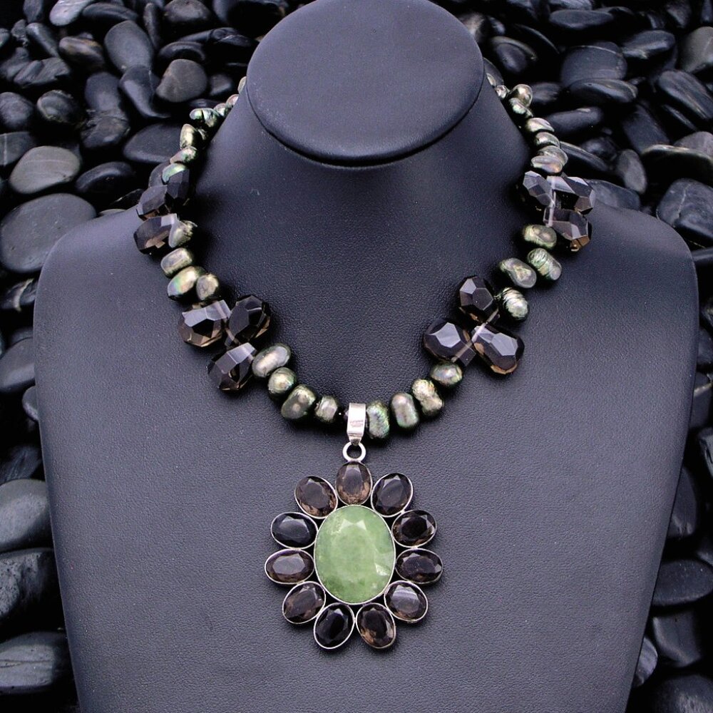 Studio@7199 Artisan Sterling, Jade and Smoky Quartz Flower Pendant Neckl…